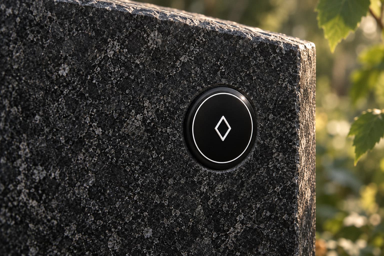 Materialvisualisering: svart Aeternum-bricka med vit romb, infälld i mörk granit i mjukt dagsljus