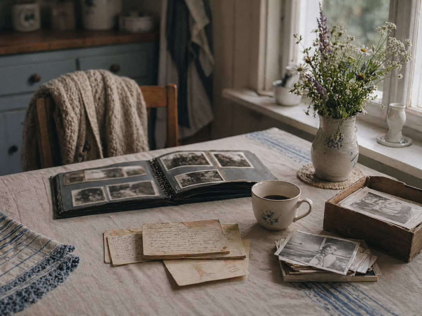Köksbord med ett uppslaget fotoalbum och en kaffekopp